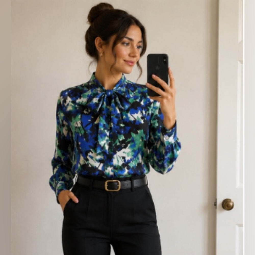 CALVIN KLEIN SIZE S MULTI- COLORED TIE NECK BOW BLOUSE